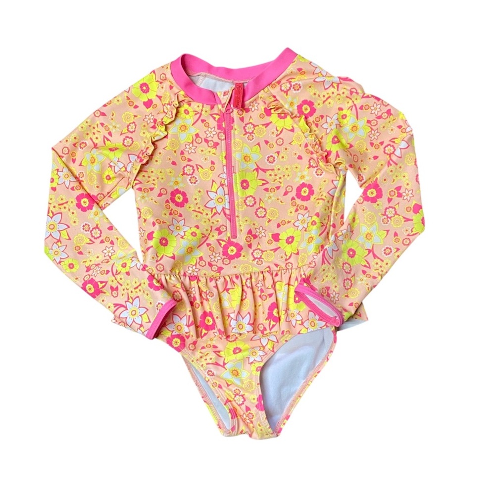 Betsey Johnson Floral Rashguard One Piece Swimsuit Floral Pink & Yellow Size 3-4